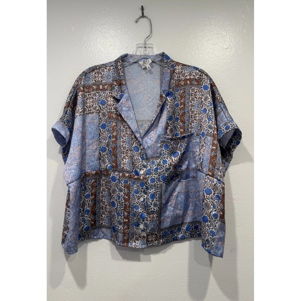 dRA Los Angeles Blue Paisley Floral Patchwork Blouse Anthropologie Button Front